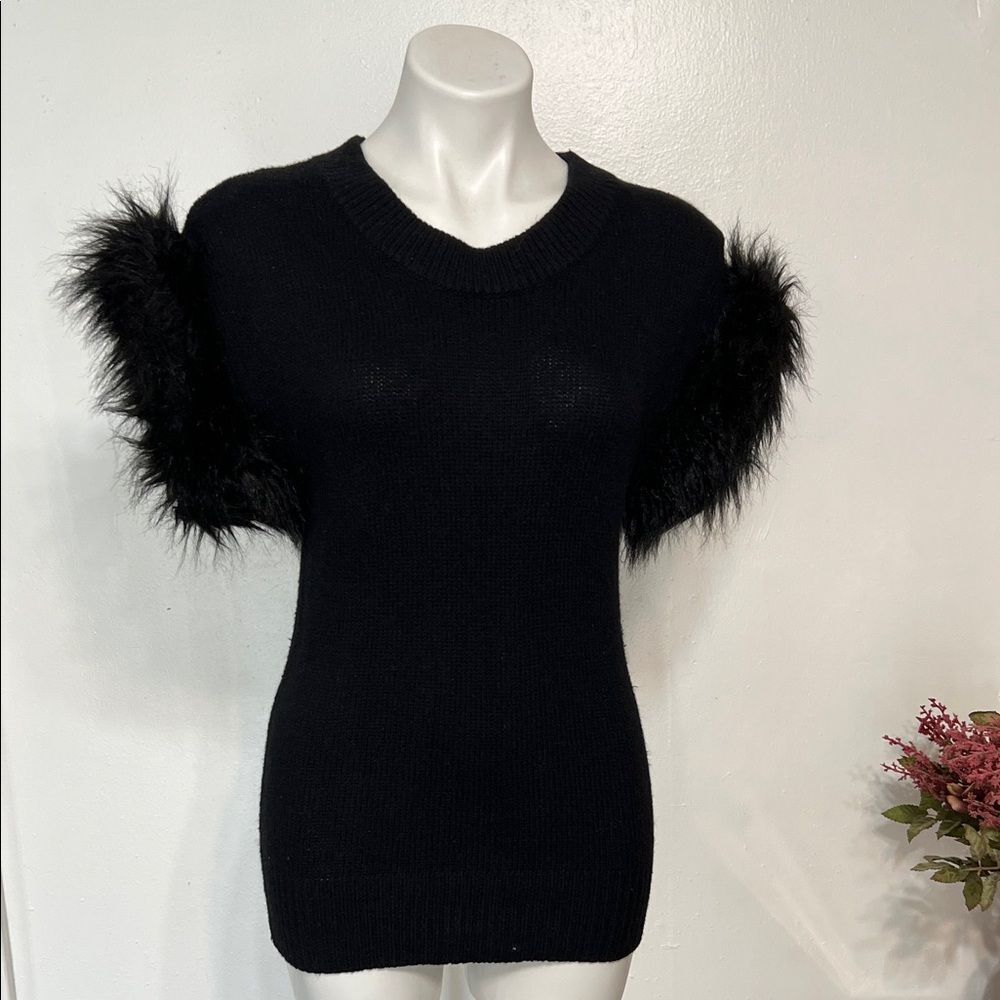 French Connection Black Knit Top with Faux Fur Accents